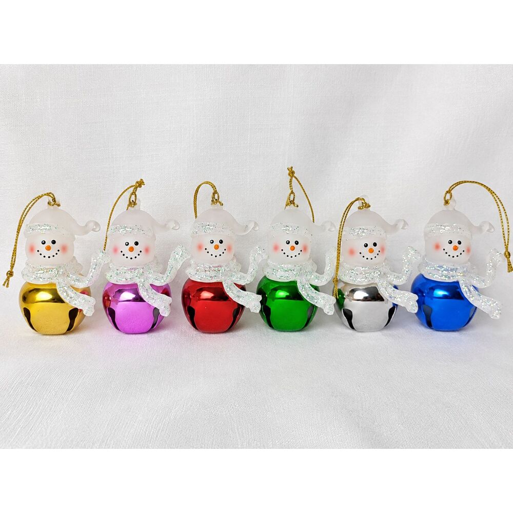 Snowman Jingle Bell Christmas Ornaments Set of 6 Glitter Scarf Multicolor